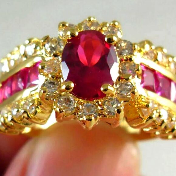 Oval Cut Ruby & White Baguette Diamond Cocktail Ring 18K Gold on 925 Silver - Picture 1 of 2